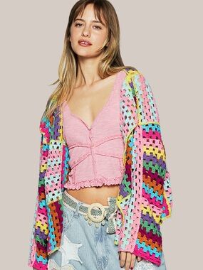 Colorful Crochet Open Cardigan - Multicolor